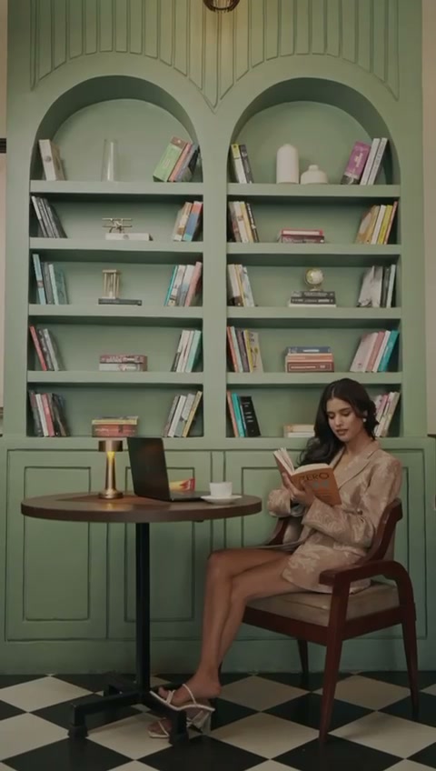Wide of the green library wall, woman reading