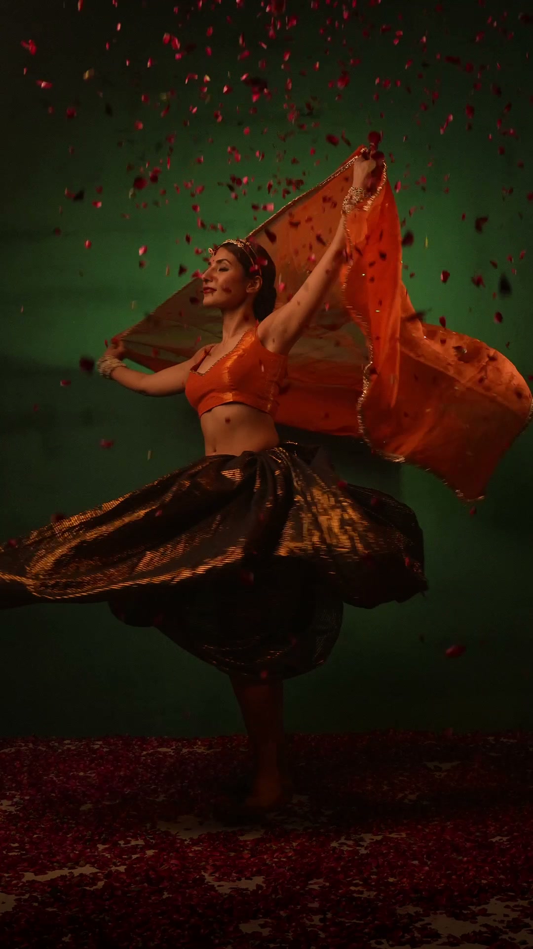 Twirling in a shower of rose petals